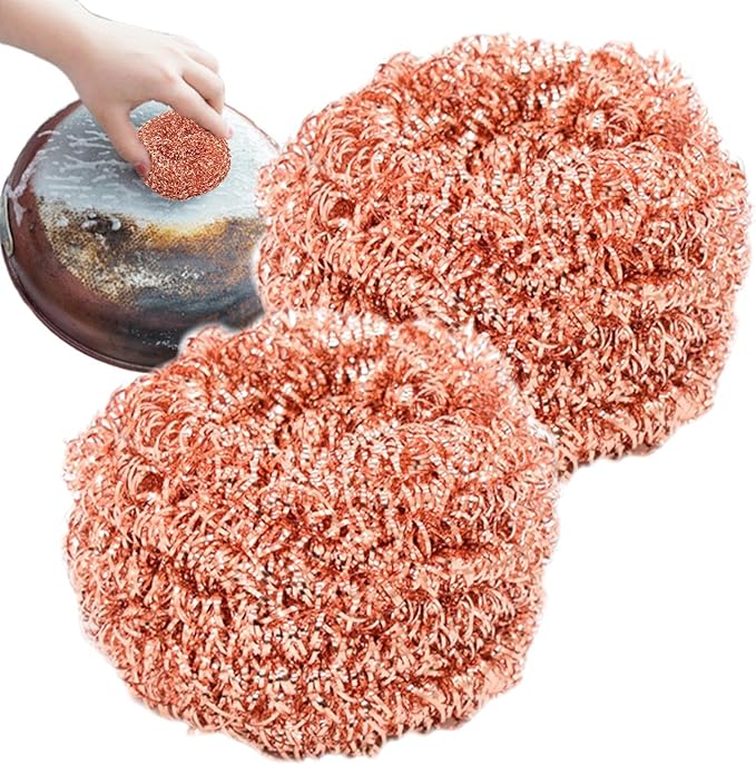 Dishwashing Brush - Dish Cleaning Brush Kitchen Scrub Pads, 2 Pieces Copper Wire Pot Scrubbers with Handle, Durable Cleaning Supplies for Pots, Pans, Sinks, Grill, Oven, Bathroom, Kitchen Maintenance