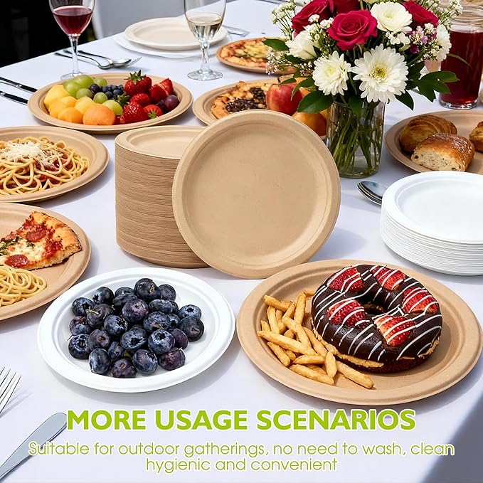 10 Inch, 150 Pack Compostable Paper Plates Round Unbleached Brown Plates Made from Natural Sugarcane Fibers, Biodegradable Heavy Duty Disposable Plates for Party, Camping, Picnic