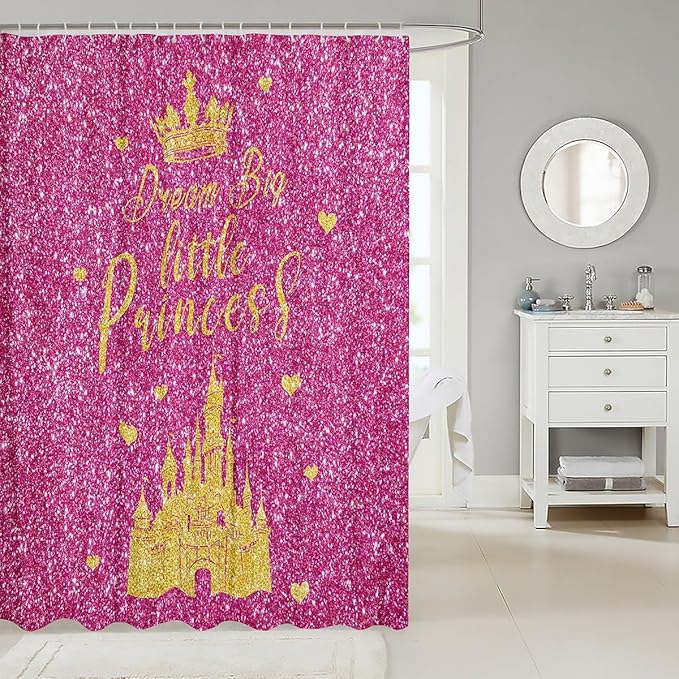 jejeloiu Dreamy Princess Shower Curtain for Kids 72"x84" Hot Pink Glitter (No Glitter) Bathroom Shower Liner Room Decor Bath Curtain Castle Waterproof Soft Lightweight Polyester