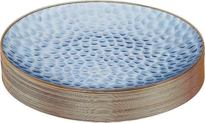 PLASTICPRO 30 Pack Hammered Plastic Plates Heavyweight Disposable Plastic Plates Elegant Clear Hammered Rim Platsic Party Dishes (Blue With Gold Rim, 10'' INCH PLATES)