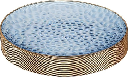 PLASTICPRO 30 Pack Hammered Plastic Plates Heavyweight Disposable Plastic Plates Elegant Clear Hammered Rim Platsic Party Dishes (Blue With Gold Rim, 10'' INCH PLATES)