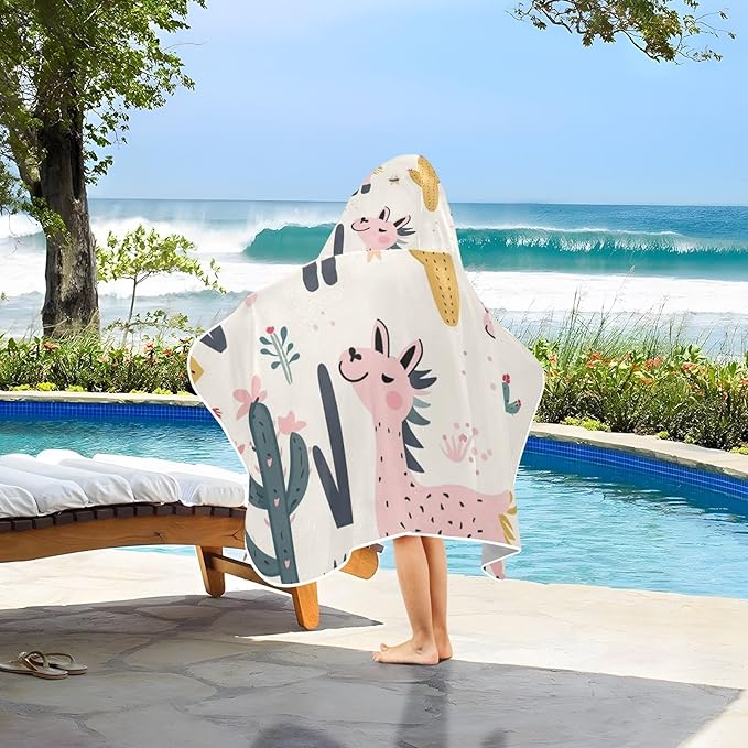 SPRIPORT Cute Alpaca Kids Hooded Beach Bath Towel Wrap for Boys Girls Toddler Surf Poncho Bathrobe with Front Pocket Changing Towel Robe for Shower Pool Swim