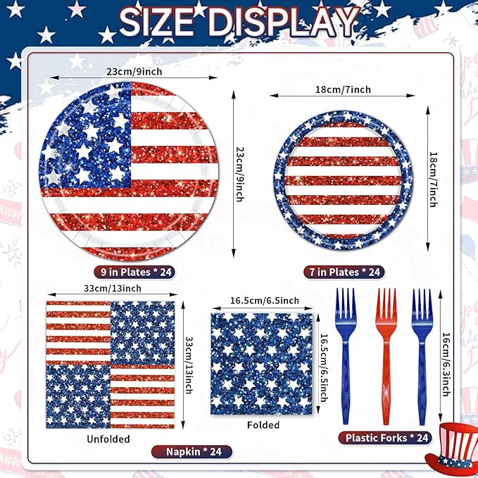 96 Pieces American Flag Patriotic Plates and Napkins Tableware Set - 4th of July Disposable Paper Plates, Napkins and Forks for Independence Day Memorial Day Veterans Day Party Decorations