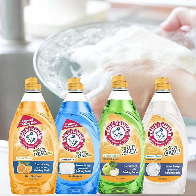 Arm & Hammer + OxiClean Dish Soap, Ocean Fresh Scent, 24 oz, Powerful Grease-Cutting Liquid Dish Detergent