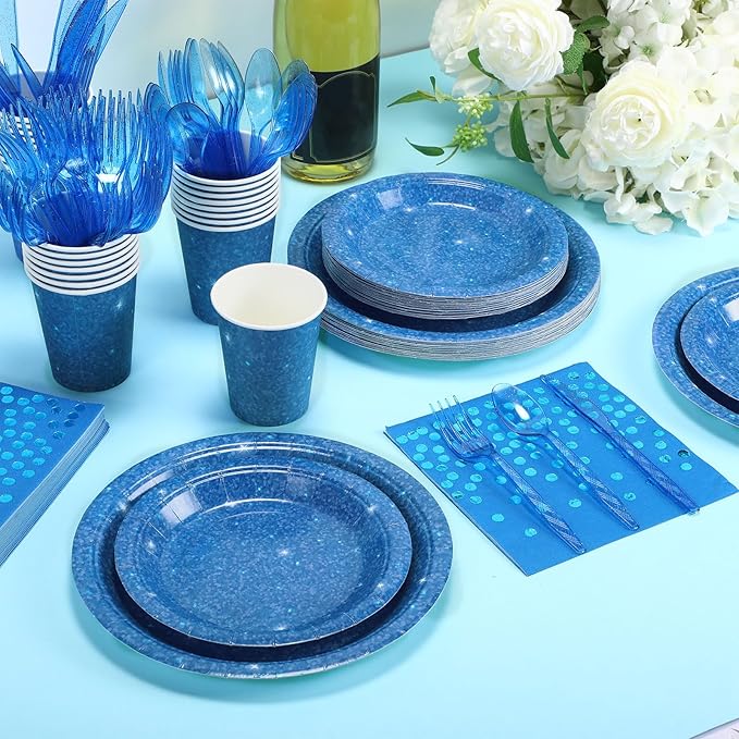 Hushee 175 Pcs Dark Blue Holographic Print Party Supplies Guests Disposable Dinnerware Set Include Paper Plates, Napkins, Cups, Plastic Cutlery for Wedding Birthday Disco Bachelorette