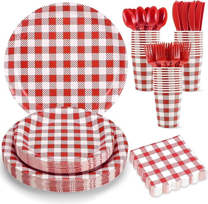 NatNarr 175 Pcs Gingham Party Supplies Include Red Gingham Plates and Napkins Cups Plastic Cutlery Disposable Picnic Party Decorations for Bbq, Pizza, Patriotic, Mothers Day