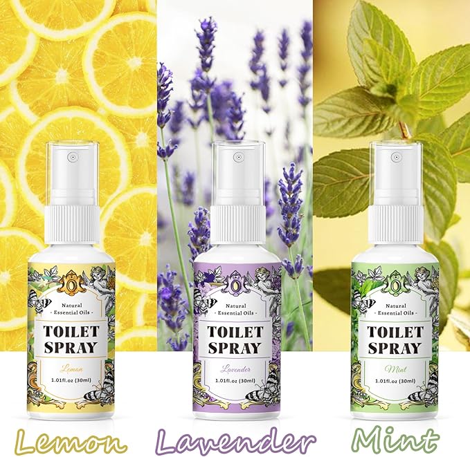 SCENTORINI Toilet Spray for Poo Odor Eliminator, Bathroom Odor Elimination Travel Size, 1 Lemon & 1 Lavender & 1 Mint, 1 oz Each, Air Freshener Spray for Poop, Home, Travel and Pockets