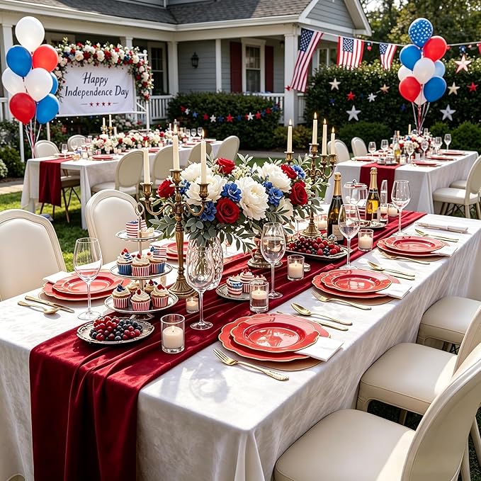 NOCCUR 175PCS Red Plastic Plates with Gold Disposable Silverware - Include 50 Red Gold Plastic Plates,25 Knives,25 Forks,25 Spoons,25 Cups and 25 Napkins - Ideal for Party/Independence Day/Wedding