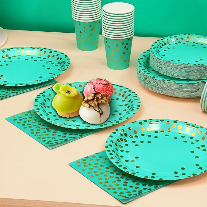 200PCS Teal Plates and Napkins Party Supplies,Teal Paper Plates with Golden Dot Serve 50 Guests，Teal and Gold Birthday Decorations for Women Men Wedding Baby Shower Graduation