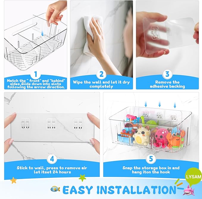 Lysam Bath Toy Storage 4 Packs, Large Bath Toy Holder with 3 Compartment, Quick Dry Bathtub Toy Organizer, Bath Tub Toy Net, Shower Toy Basket & Bin, Bathroom Accessories for Baby,Toddler,Kids（Clear）