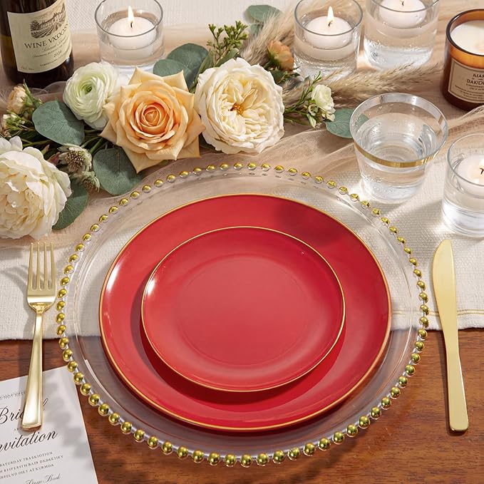 WDF 300Pcs Red Disposable Plates - Red Plastic Plates - 50guest Disposable Dinnerware Include 50 Dinner Plate, 50 Dessert Plate, 150 Cutlery & 50 9oz Cups for Wedding/Birthday/Party
