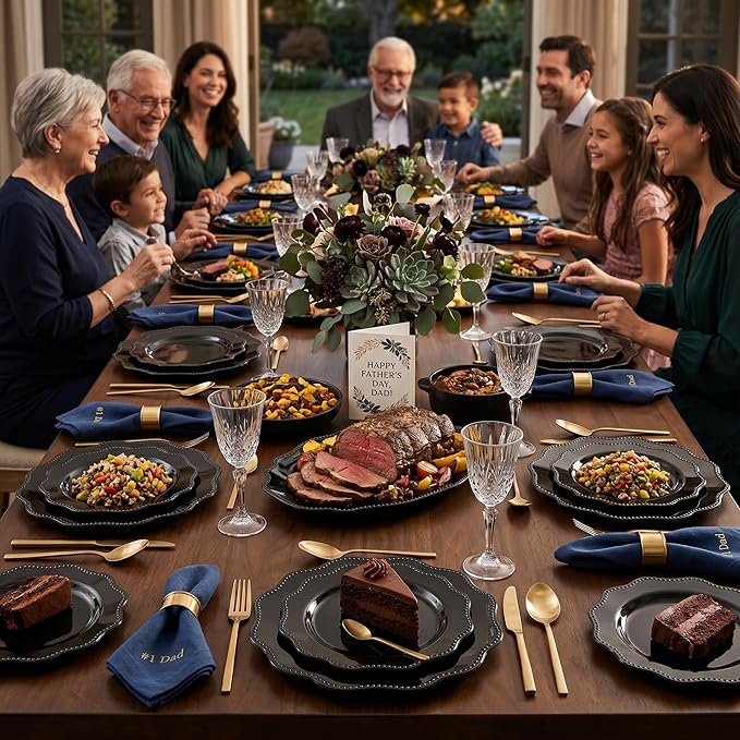 COLOSUS 60pcs Black Plastic Plates Set,Heavy Duty Black Disposable Plate for Party,Include 30PCS 10.5inch Dinner Plates and 30PCS 8.25 inch Dessert Plates for Father's Day/Wedding/Birthday
