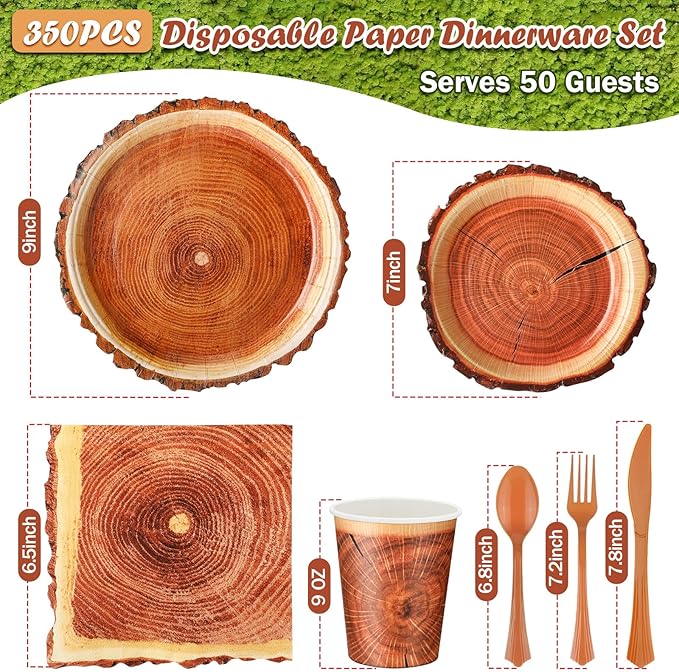 FillTouch 350 Pcs Camping Wood Grain Slice Party Supplies Set Rustic Camo Hunter Disposable Paper Plates Napkins Cups Cutlery Hunting Knives Fork Spoon for 50 Guests Camping Party Baby Shower Birthday