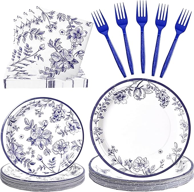 100 Pcs Blue and White Floral Party Supplies for 25 Guests, Heavy-Duty 7" & 9" Paper Plates, 2-Ply 13" Napkins & Plastic Forks, Disposable Tableware Set for Bridal Baby Shower and Tea Party
