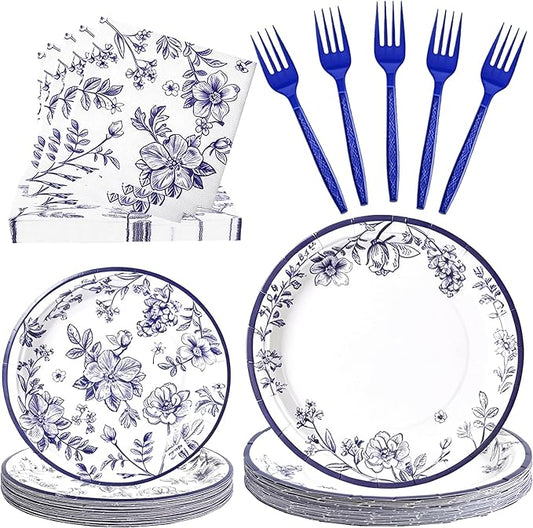 100 Pcs Blue and White Floral Party Supplies for 25 Guests, Heavy-Duty 7" & 9" Paper Plates, 2-Ply 13" Napkins & Plastic Forks, Disposable Tableware Set for Bridal Baby Shower and Tea Party