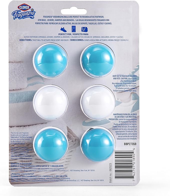 Clorox Fraganzia Deodorizing Balls for Shoes and Small Spaces, Twist-to-Activate No-Plug Odor Refresher Pods for Gym Bags, Lockers, Drawers, and Hampers, Ocean Breeze, 6 Count - 12 Pack