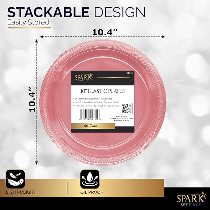 Amcrate Disposable Plastic Plates Pink, 10.4 Inches Plastic Dinner Plates, Strong and Sturdy Disposable Plates for Party, Dinner, Holiday, Picnic, or Travel Party Plates, Pack of 50