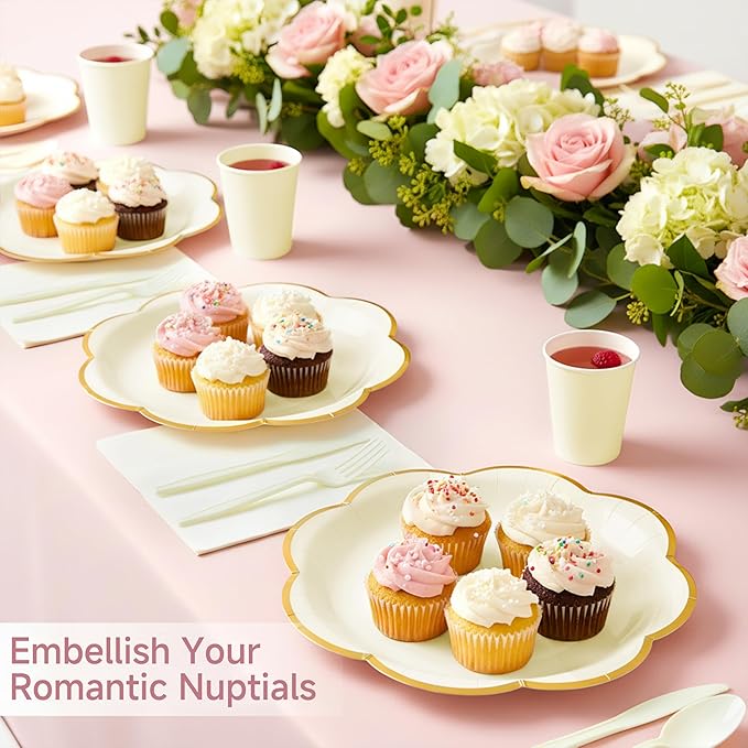OuMuaMua 168Pcs White Paper Plates and Napkins Party Supplies, White Scalloped Plates and Napkins with Gold Rim, Disposable Plates for Party Birthday Baby Shower Weddings Bridal Shower, Serves 24