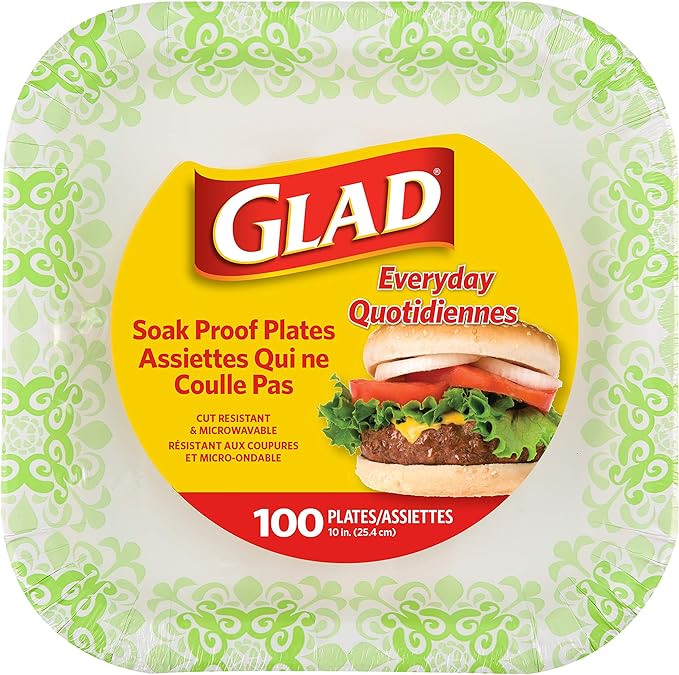 Glad Square Heavy Duty Paper Plates, Soak Proof and Cut Proof Disposable Plates for Parties and Everyday Meals, Microwaveable for Easy Serving, Green Victorian Pattern, 10 Inch, 100 Count