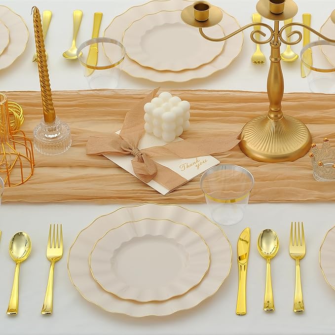 250PCS Ivory and Gold Plastic Dinnerware Set for 50 Guests, Elegant Fancy Disposable Party Plates Include 100 Dinner&Dessert Plates and 150 Silverware for Wedding Party Baby Shower
