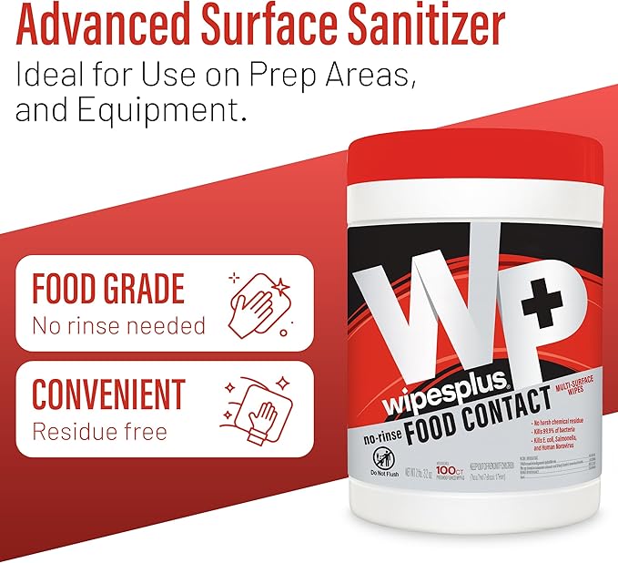 WIPESPLUS Cleaning Wipes All Purpose Food Contact - No Rinse, No Residue, Quick Dry Formula, Disinfecting Wipes For Restaurants, Foodservice, Schools - Canister, 100 Count, (Pack of 6)