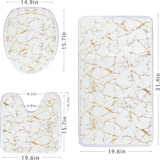 Marble 3-Piece Nonslip White Gold Bathroom Rugs and Mats Set - Soft, Washable, Water Absorbent Shower Rug with U-Shaped Contour and Toilet Lid Cover