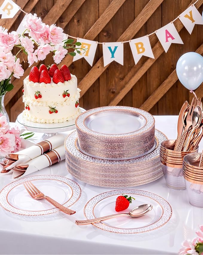 Ciaell 350PCS Rose Gold Plastic Plates - Clear Rose Gold Disposable Plates with Plastic Silverware include 100Plates, 150Silverware, 50Cups, 50Napkins for Wedding & Party
