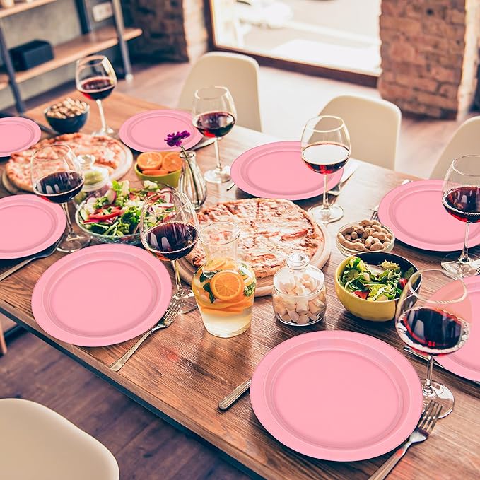 QZYL 50 PCS Pink Paper Plates, Round Disposable Paper Plates, 9 Inches Dinnerware for Everyday Use, Heavy Duty TablewarePack for Birthday Wedding Bridal Shower Christmas Party