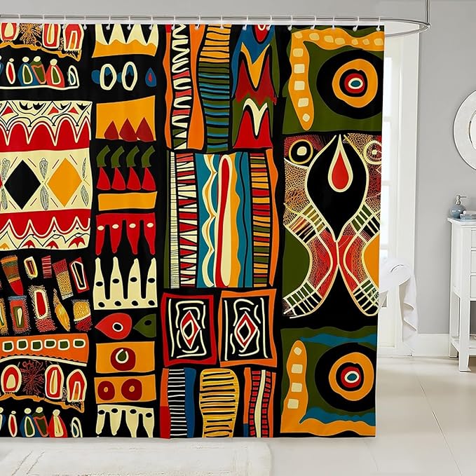 African Pattern Shower Curtain for Kids Adults African Woman Bathroom Shower Curtain Set Ethnic Afro Decor Bath Curtain Colorful Tribal Historical Waterproof Shower Curtain with Hooks 72x72 Inch