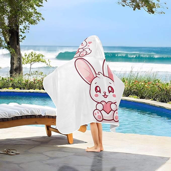 Kids Hooded Towels Kawaii Valentine Bunny Holding Heart Swimming Beach Towel 23.5" x 50" Bath Towel for Boys Girls 21219230