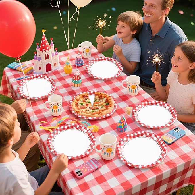 50 Pcs Red and White Gingham Paper Plates 10" Heavy Duty Red Gingham Checkered Plaid Dessert Plates Disposable Gingham Party Supplies for Summer Pizza BBQ Picnic Baby Shower Birthday Party Decorations