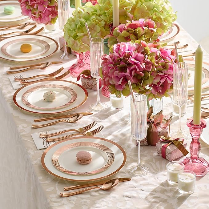 By Madee HEAVYWEIGHT Rose Gold Plates and Napkins Party Supplies | Rose Gold Disposable Dinnerware Set with Heavy Duty Plates, Cutlery & Napkins for 25 Guests