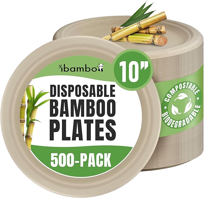 Paper Bamboo Plates Disposable (500-Pack, 10-inch) | Sturdy & Microwave Safe | Compostable Paper Plates Disposable Heavy Duty | PFAS Free, Biodegradable | FSC Certified Alternative to Plastic