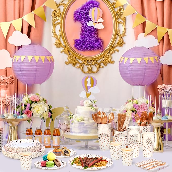 Party Supplies Set - 280 Pieces of White and Rose Gold Dot Paper Plates, Cups, Napkins, and Heavy Duty Silverware for 40 Guests for Birthdays, Graduation, Wedding, Festivals