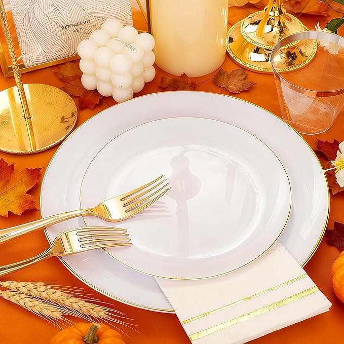 Festiva 176Pcs White and Gold Plastic Plates - White with Gold Rim Fall Dinnerware Set - 25Guest include Plates Cups Cutlery Napkins for Birthday Party&Wedding& Easter
