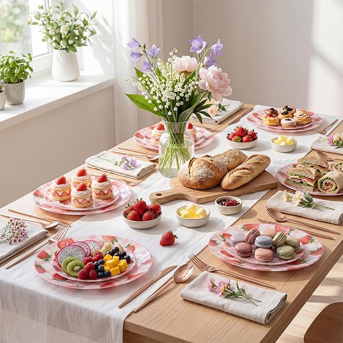 Liacere 32Pcs Strawberry Plastic plates - Strawberry Checkered Disposable Tableware - 16 Dessert Plates, 16 Dinner Plates, Ideal for Spring Picnics, Parties, Birthdays, and Gatherings