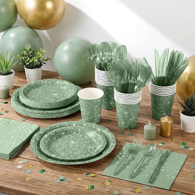 Hushee 175 Pcs Sage Green Holographic Print Party Supplies Guests Disposable Dinnerware Set Include Paper Plates, Napkins, Cups, Plastic Cutlery for Wedding Birthday Disco Bachelorette