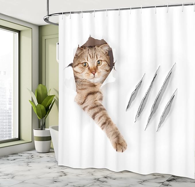 Ambesonne Animal Shower Curtain, Funny Cat in Hole with Claw Scratches Playful Kitten Pet Picture, Cloth Fabric Bathroom Decor Set with Hooks, 69" W x 70" L, White Brown