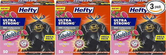 Hefty Ultra Strong 30 Gallon Trash Bags, Large Trash Bags, Multipurpose, Break Resistant Drawstring Closure, Resists Leaks, Punctures, and Tears, Black, Fabuloso Watermelon Scent, 50 Bags (Pack of 3)