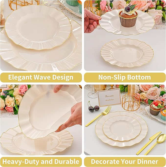 102Pcs Ivory White Plastic Plates with Gold Trim, Heavy Duty Wedding Plates, Elegant Disposable Plate Sets include 51 Dinner & 51 Dessert Plates for Party & Wedding(51 Guests)