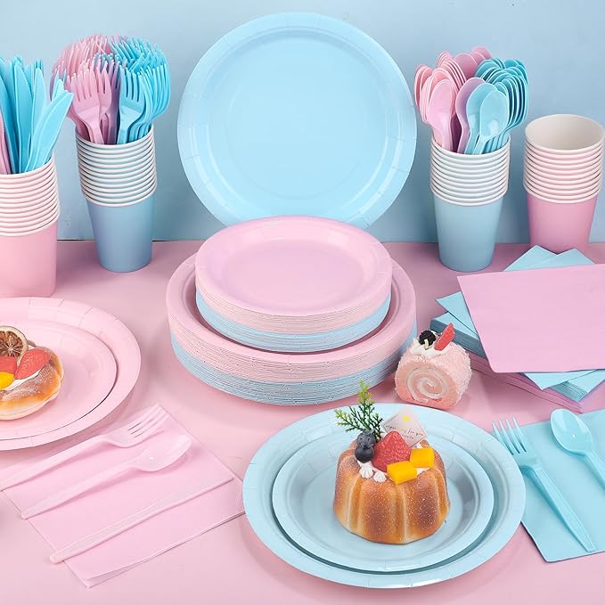 Kochorie 350 Pieces Gender Reveal Dinnerware Set, 7 & 9 inch Light Pink Light Blue Paper Plates Cups Napkins Plastic Cutlery Disposable Party Supplies for Birthday Baby Shower, Serve 50 Guests