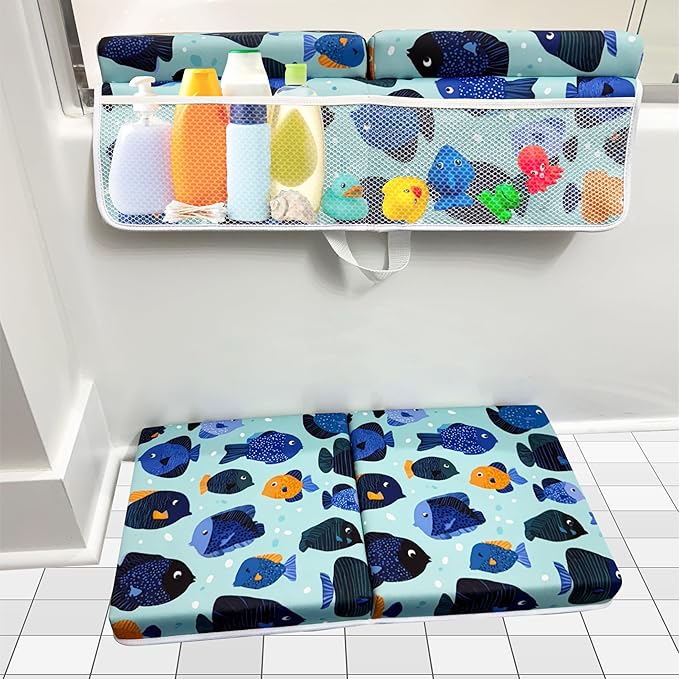 TubbieBuddies Bath Kneeler and Elbow Rest Pad Set – Fish-Themed Baby Bath Cushion with 4 Large Mesh Storage Pockets – Thick Non-Slip Foam, Suction Cups, & Foldable for Easy Storage