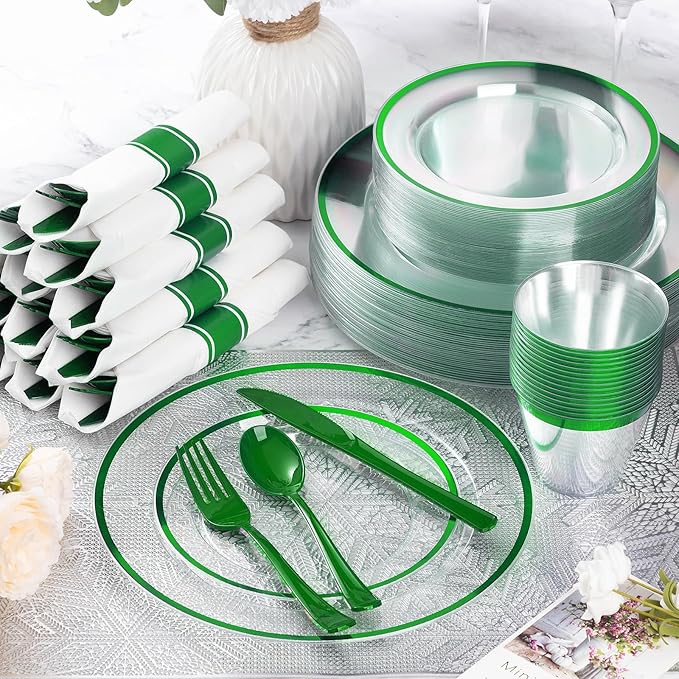 Goodluck 350Pcs Green Plastic Dinnerware Set for St. Patrick's Day, Clear Disposable Plates for 50 Guests, Include 50 Dinner Plates, 50 Dessert Plates, 50 Pre Rolled Napkins with Cutlery Set, 50 Cups