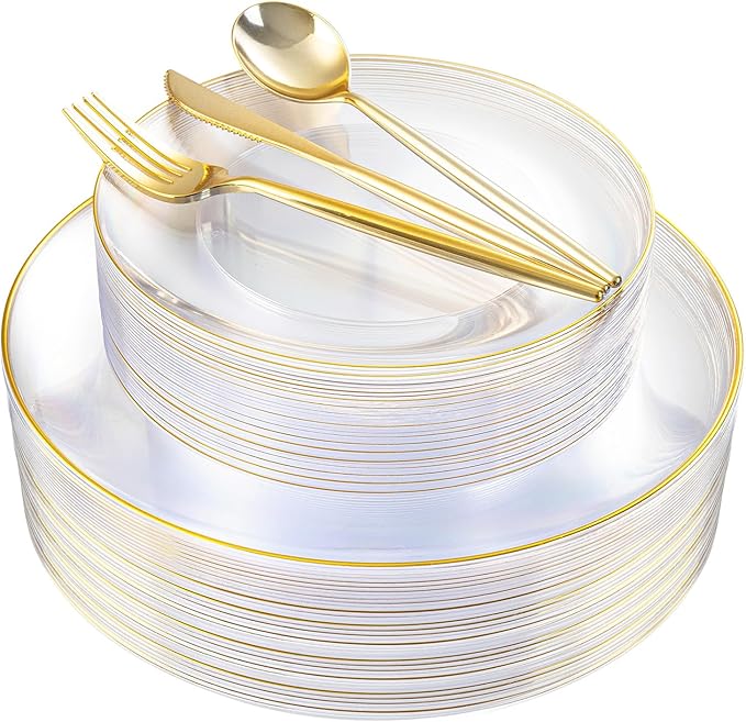 I00000 Clear Plastic Plates with Gold Rim,Fancy Clear Disposable Plates,Nice Disposable Plates Set include 30 Dinner Plate,30 Dessert Plate, 90 plastic Silverware Set for Valentine's Day