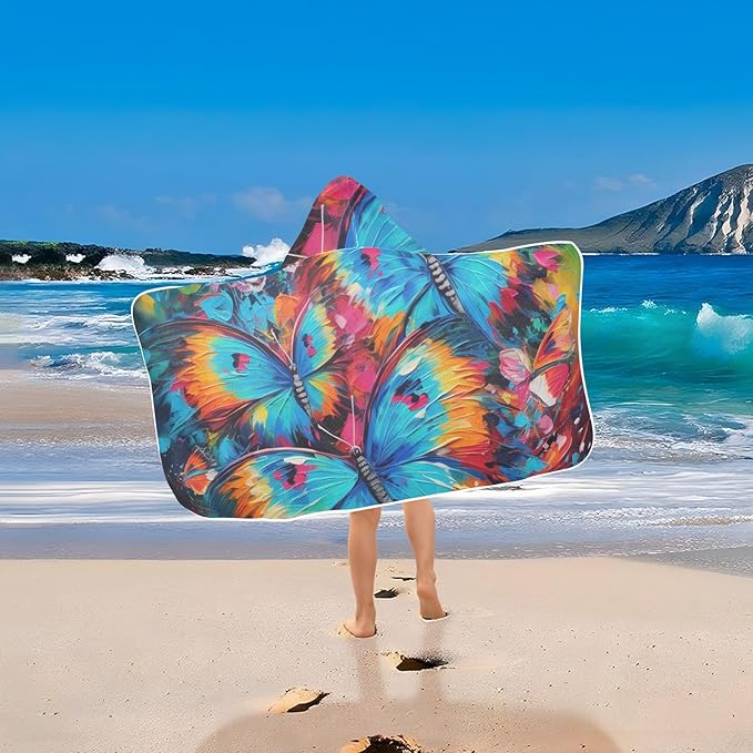 Hooded Towel for Kids Bright Color Butterflies Painting Beach Wrap Bath Towels 50x23.5in