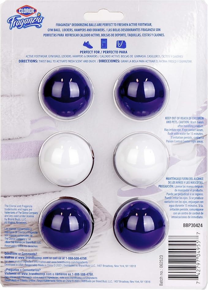 Clorox Fraganzia Deodorizing Balls with Lavender and Eucalyptus Scent, Battery-Free Shoe and Small Space Odor Eliminator with Up to 30 Days of Freshness, 6 Count Pack