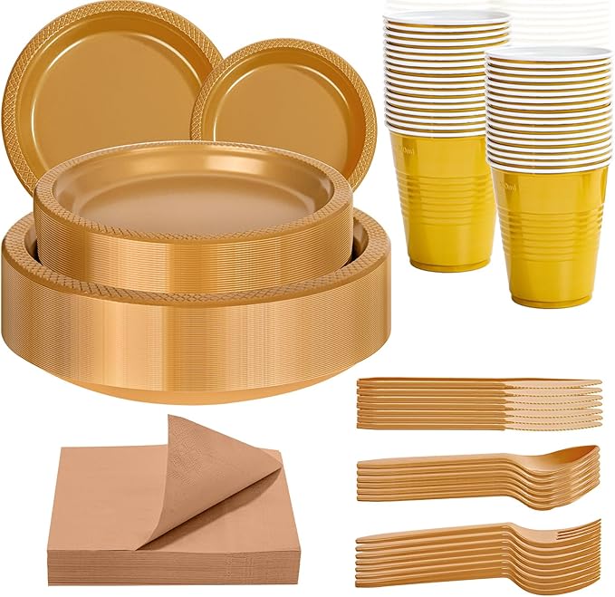 WELLIFE 210Pcs Gold Plastic Plates, Disposable Dinnerware Set,Party Supplies Including Gold plates, 12OZ Cups, Plastic Cutlery and Paper Napkins Serve 30 Guests