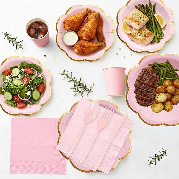 Pink Paper Plates and Napkins Party Supplies for 50 Guest, 350Pcs Pink Scalloped Mother's Day Party Plate with Gold Rim, Pink Disposable Plates Set for Girls Birthday Party Baby Shower Gender Reveal