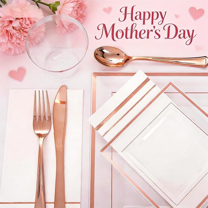 Festiva 350Pcs Rose Gold Plastic Plates - Clear Rose Gold Disposable Dinnerware Sets for 50Guests include 100 Plates 50 Cups 50Plastic Cutlery 50Napkins for Party&Wedding& Mother's Day