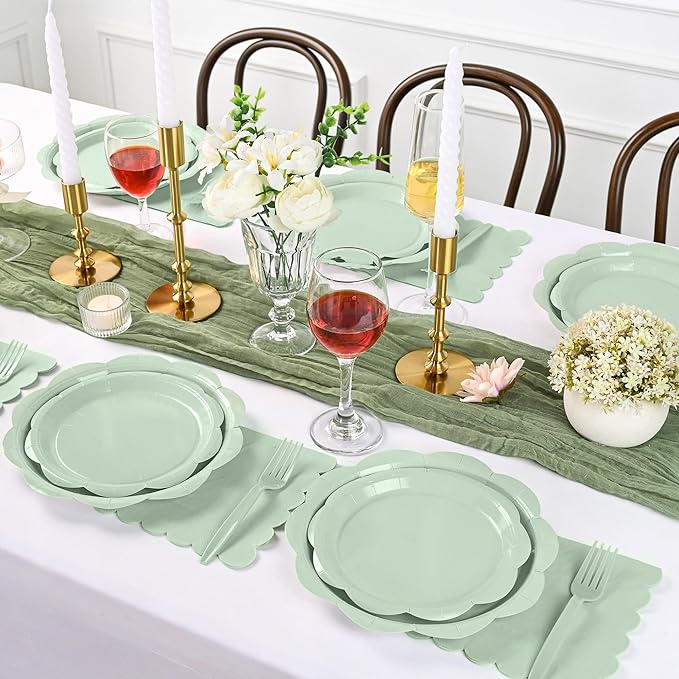 96 Pcs Sage Green Paper Plates and Napkins Set Party Supplies, Tableware set for 24 Guest include Disposable Sage Green Scalloped Plates, Napkins and Fork for Easter, Baby Shower,Wedding,Bridal shower